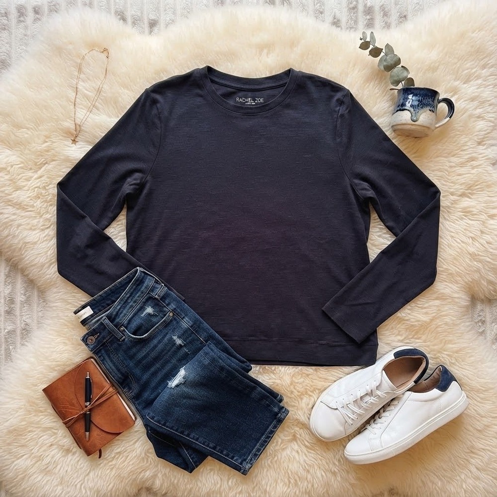 Rachel Zoe Womens Long Sleeve Slub Knit Crewneck Top Charcoal Gray Black Large